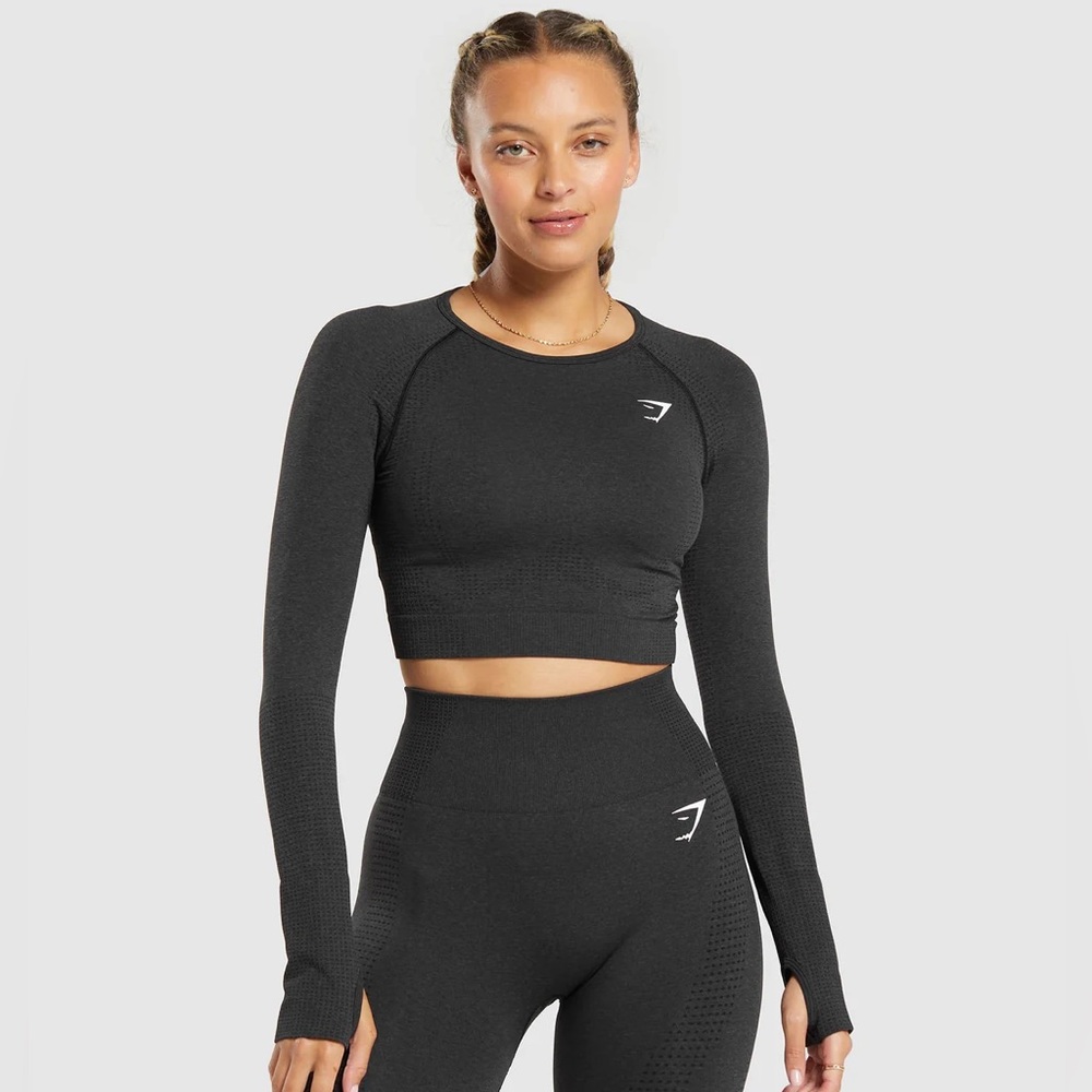 TWO Gymshark Vital Seamless 2.0 Long Sleeve Tops (Black Marl & Grey Marl)